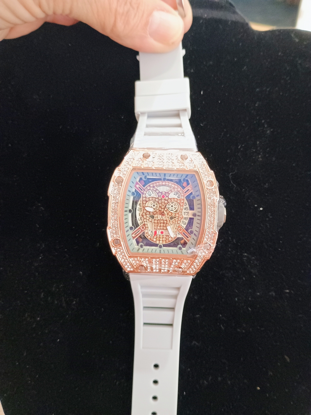 Gray Strap Rose Gold Skull Dial Men's Watch
